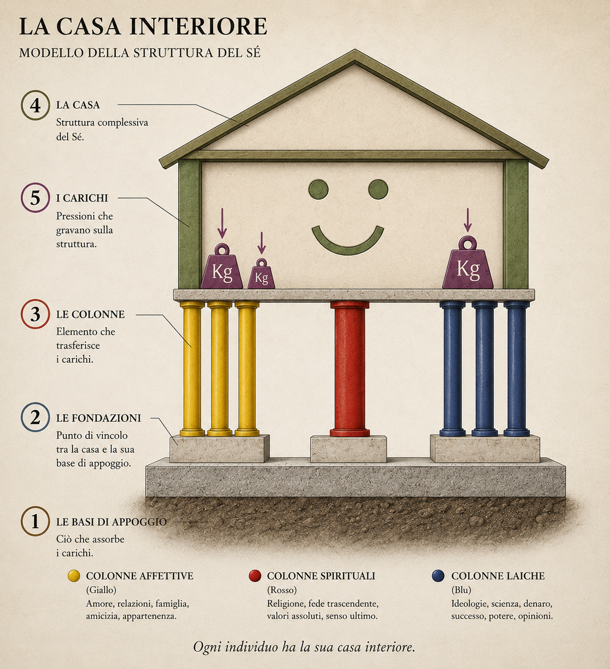 Schema della Casa Interiore con carichi, colonne, fondazioni e basi di appoggio