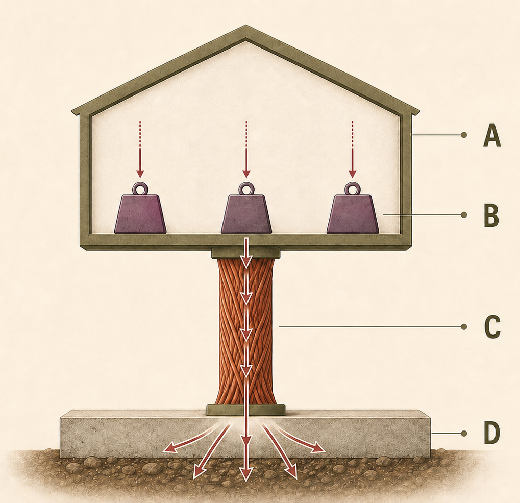Schema della struttura di fede: A casa interiore, B carichi, C struttura di fede, D base di appoggio
